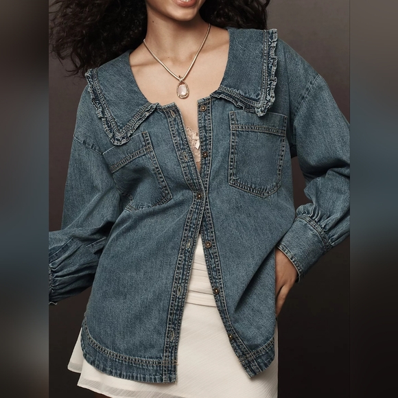 Pilcro Frill Collar Denim Buttondown Shirt - Picture 2 of 7